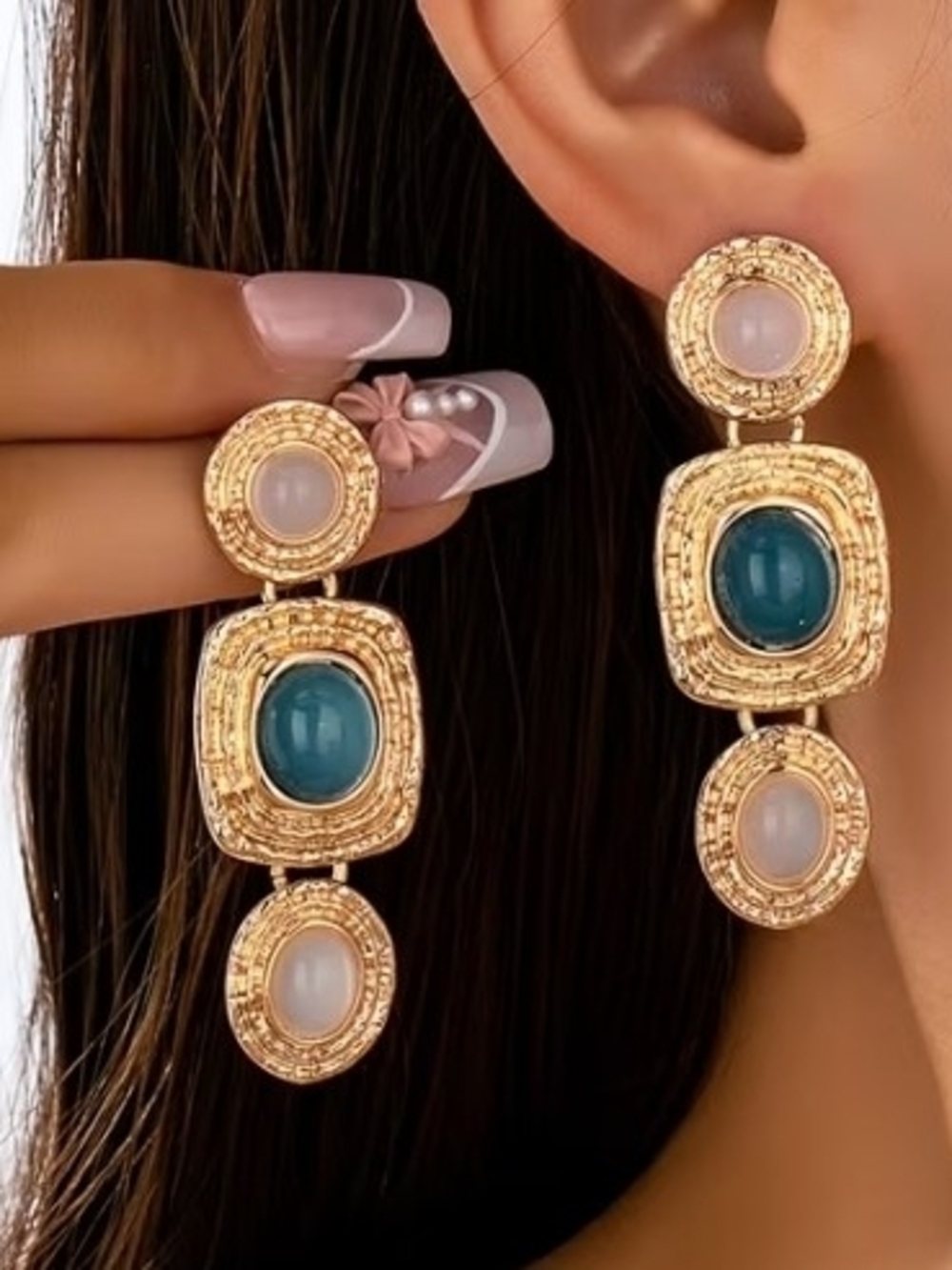 Golden Drop Earrings with Teal and Pearl Stones - Women's Jewellery
